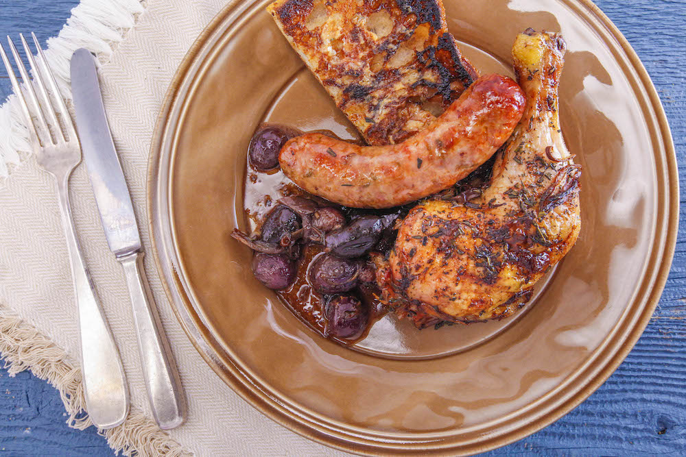 Roast Chicken and Sausage with Grapes and Olives