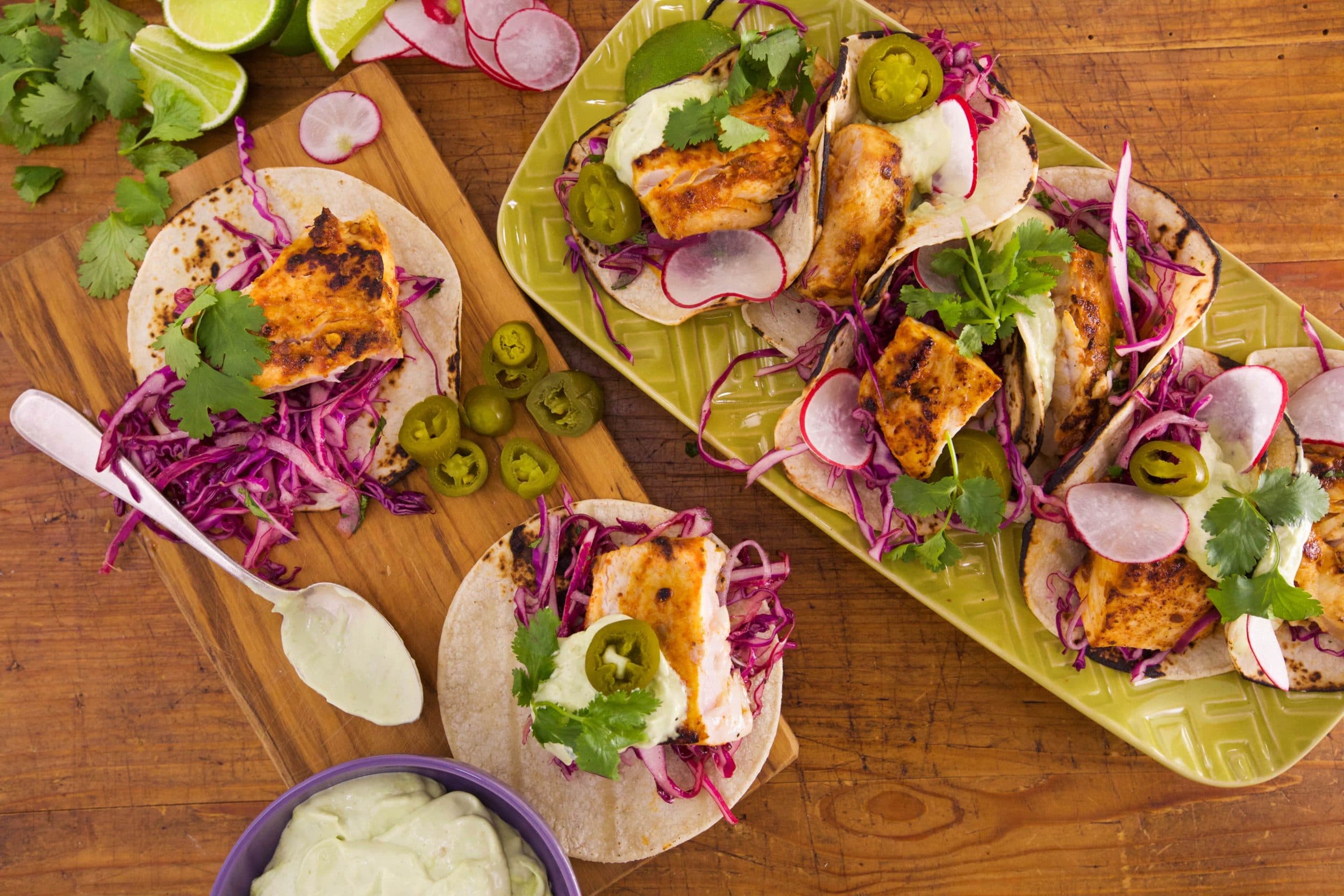 Chipotle Grilled Fish Tacos With Tequila Lime Slaw And Avocado Crema Recipe Rachael Ray