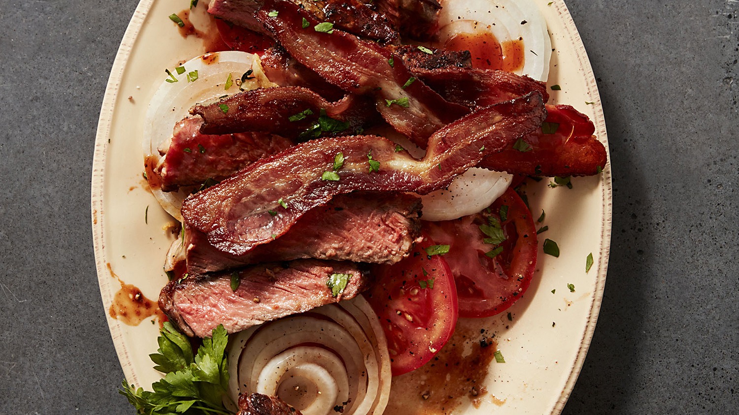 Bacon, Onion & Tomatoes with Sliced Steak