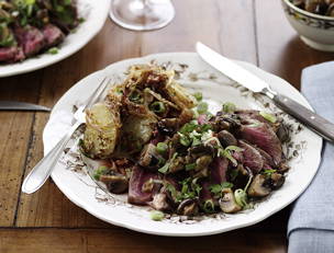 Sliced Steak, Mushrooms and Green Onions with Warm Dijon Potato...