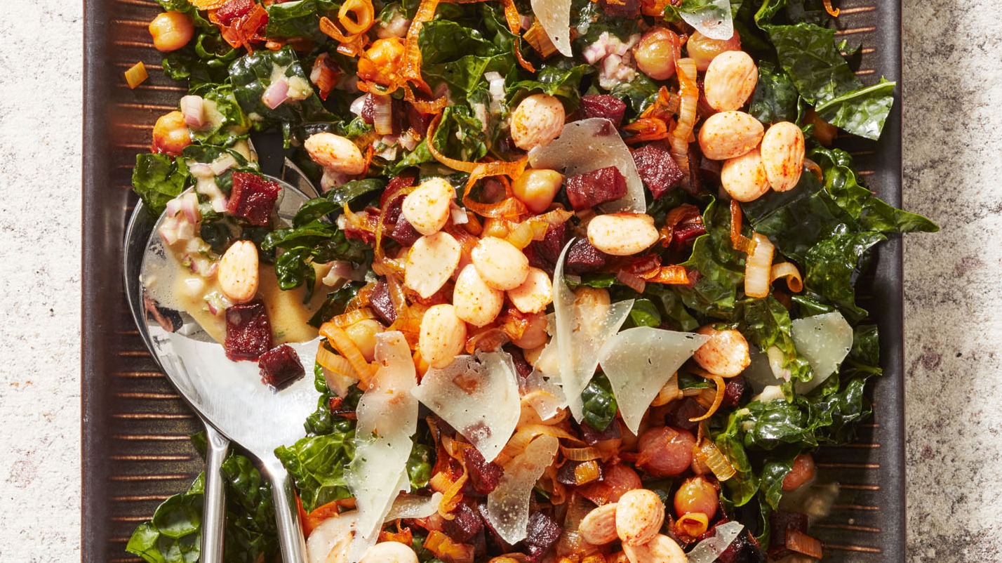 Kale Salad with Chorizo, Leeks & Garbanzos