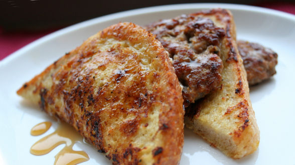 Black Pepper Parmesan Reggiano French Toast with Italian Sausage Patties...