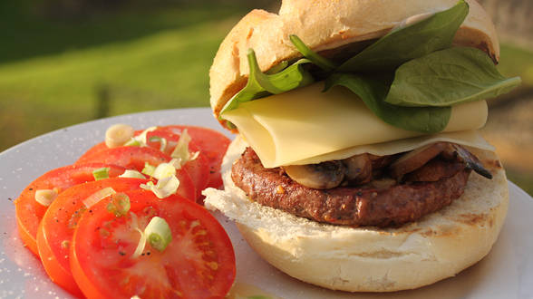 Sirloin Burgers with Balsamic Mayo, Mushrooms and Swiss