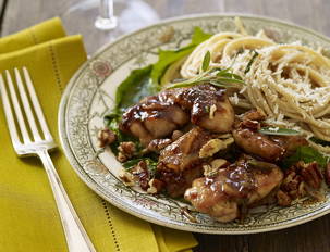 Orange Balsamic Chicken Thighs with Pecans and Sage Butter Pasta