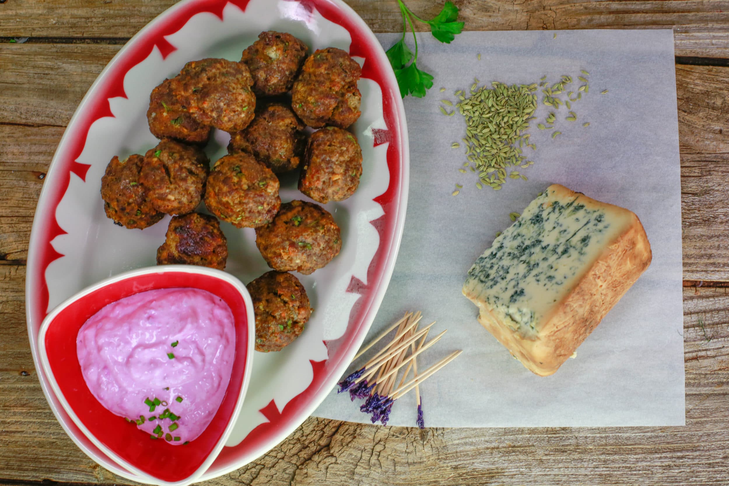 Beef Meatballs with Blue Cheese and Horseradish