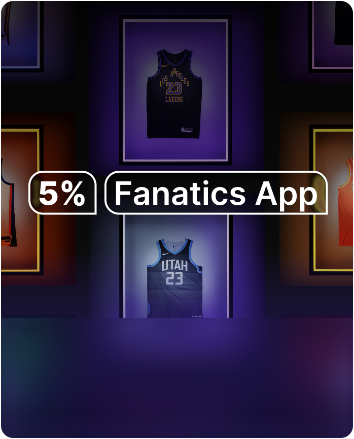 Basketball jerseys displayed in a premium gallery representing FanCash rewards earned through shopping on the Fanatics App.
