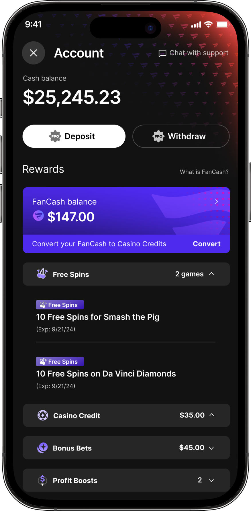 Screenshot of FanCash section of Fanatics Sportsbook mobile app.