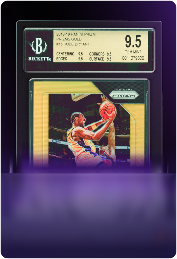 A Beckett graded 9.5 Gem Mint 2018-19 Panini Prizm Gold Kobe Bryant sports card featured against a dark purple gradient background.