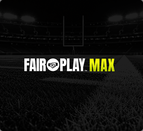 Dark football field with goalposts and the Fair Play Max logo