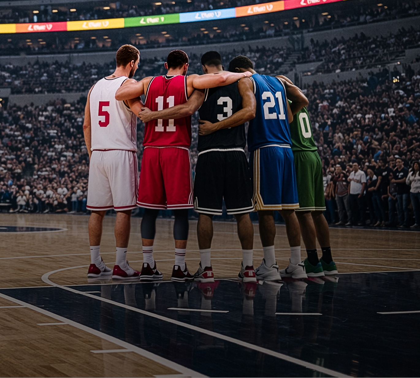 A group of basketball players stand united with arms around each other, locked in before tip-off under bright arena lights. The moment captures teamwork, trust, and the intensity of competition at its highest level.