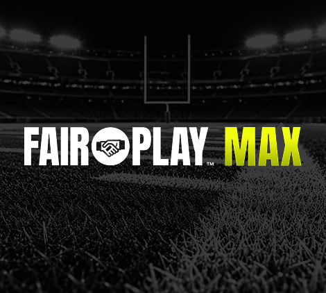 Fair Play logo on a close-up of an orange basketball: white “FAIR PLAY” text with a handshake icon between the words, set against the ball’s textured surface and black seams.