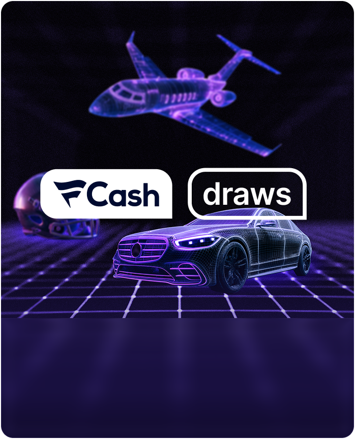FanCash Draws graphic featuring luxury prizes including a private jet, premium vehicle, and sports-themed rewards.