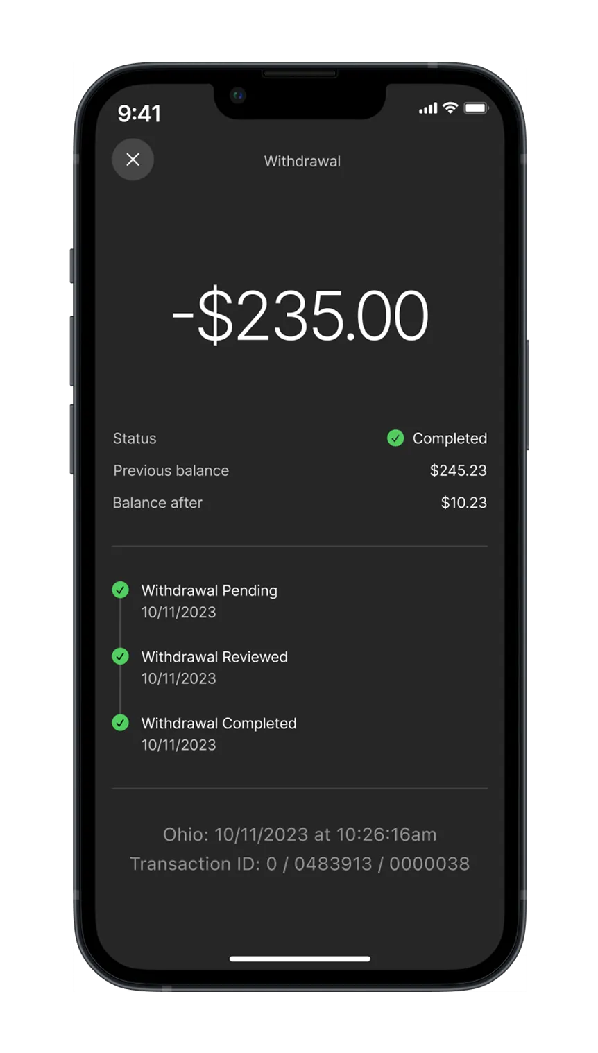 Withdrawal tracker - showing withdrawal steps and status