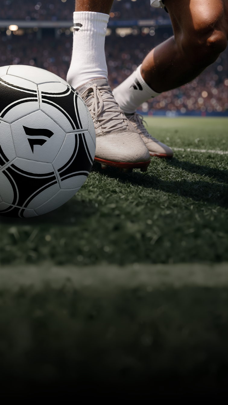 A dynamic, low-angle shot of a soccer player’s legs and feet in action, controlling a black and white Fanatics soccer ball 