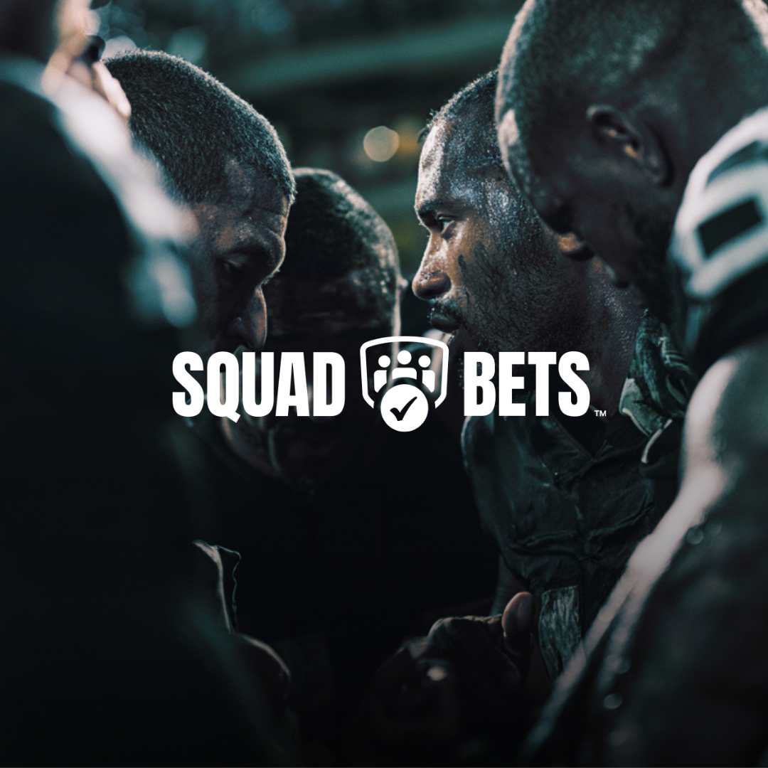 Football players huddled together, with the Squad Bets logo