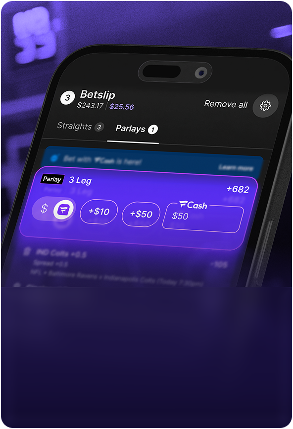 A close-up of a smartphone screen showing the Fanatics Sportsbook app betslip interface, highlighting a 3-leg parlay bet with a $50 FanCash reward option selected against a purple background.
