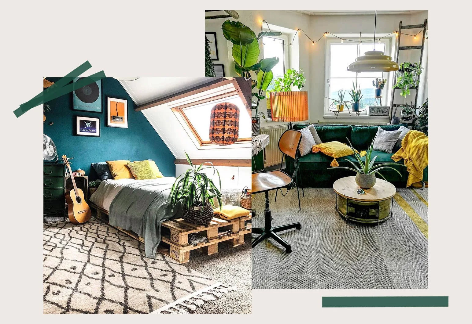 Buntes WG-Zimmer in Grün und Gelb eingerichtet mit vielen Pflanzen und Plattenmöbeln