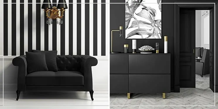 Schwarz-weiße Einrichtung im Wohnzimmer mit schwarz-weißer Tapete, schwarzem Chelsea-Sofa und weißem Holzboden für luxuriösen Kontrast
