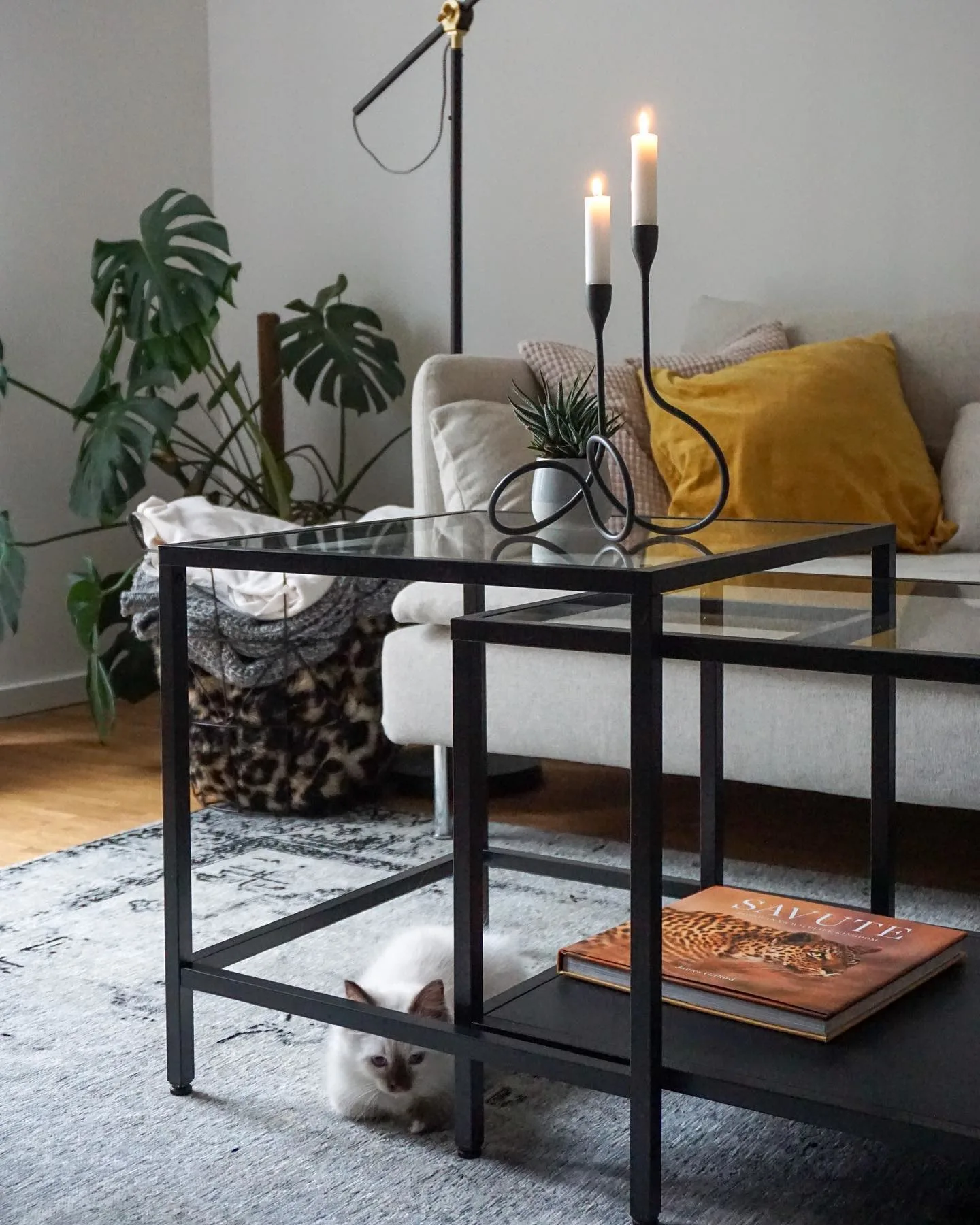 Nahaufnahme von einem Industrial Couch-Tisch aus schwarzen Metallstangen und Glas, auf dem ein schwarzer Kerzenständer mit weißer Kerze steht