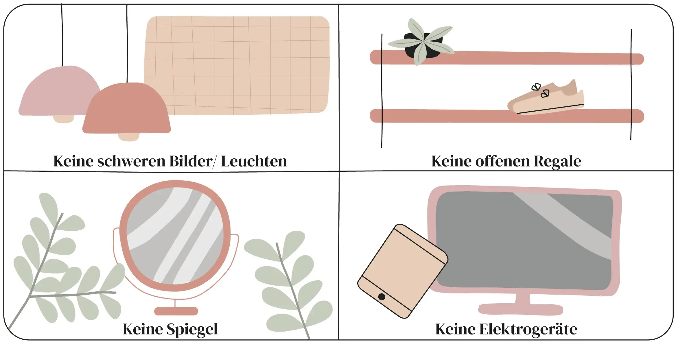 Schaubild, das vier Feng Shui Regeln im Schlafzimmer veranschaulicht wie keine offenen Regale oder keine Spiegel