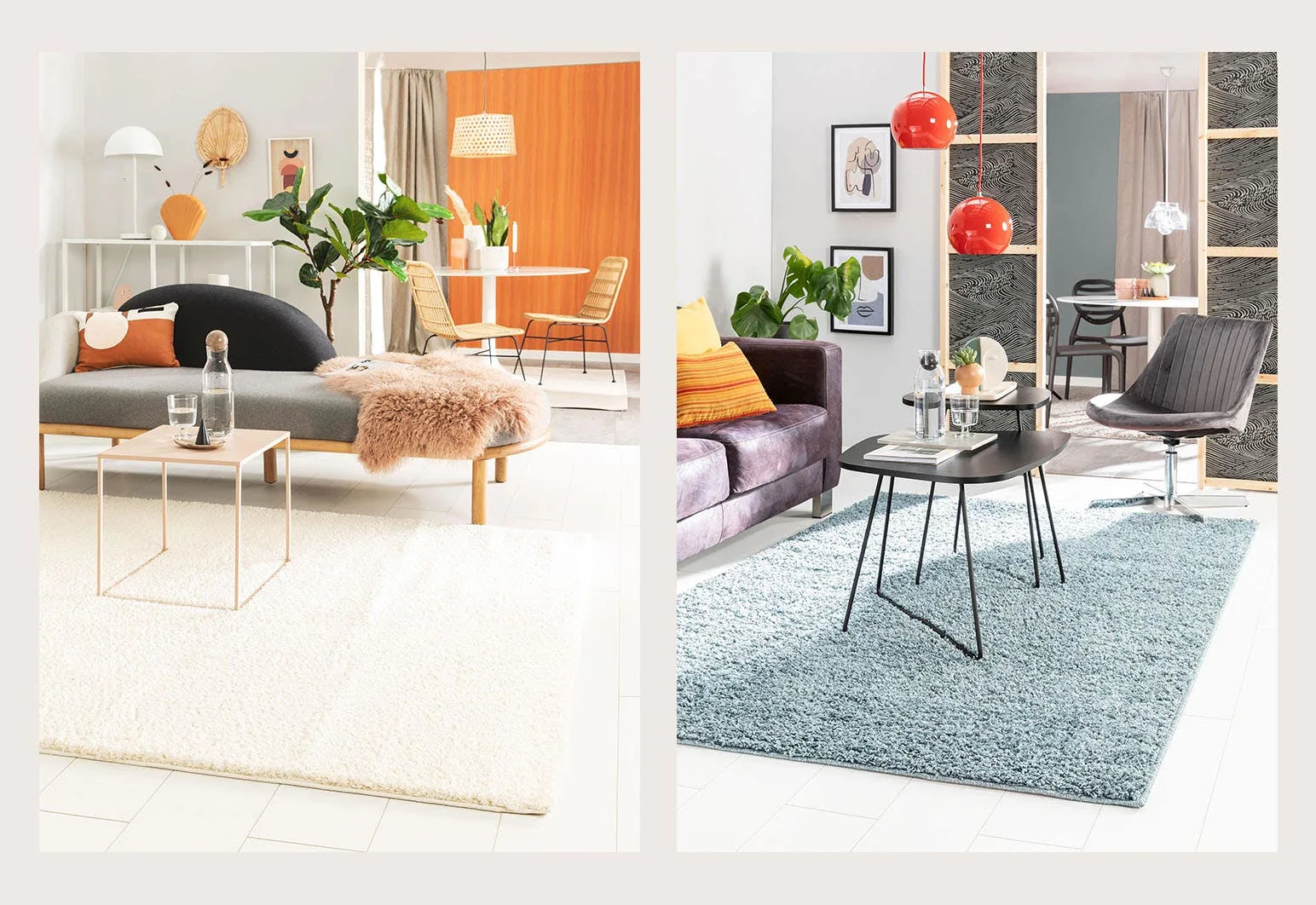 Retro-Wohntrend für das Wohnzimmer mit Lampen, Sessel und Sofas im Stil der 70er-jahre