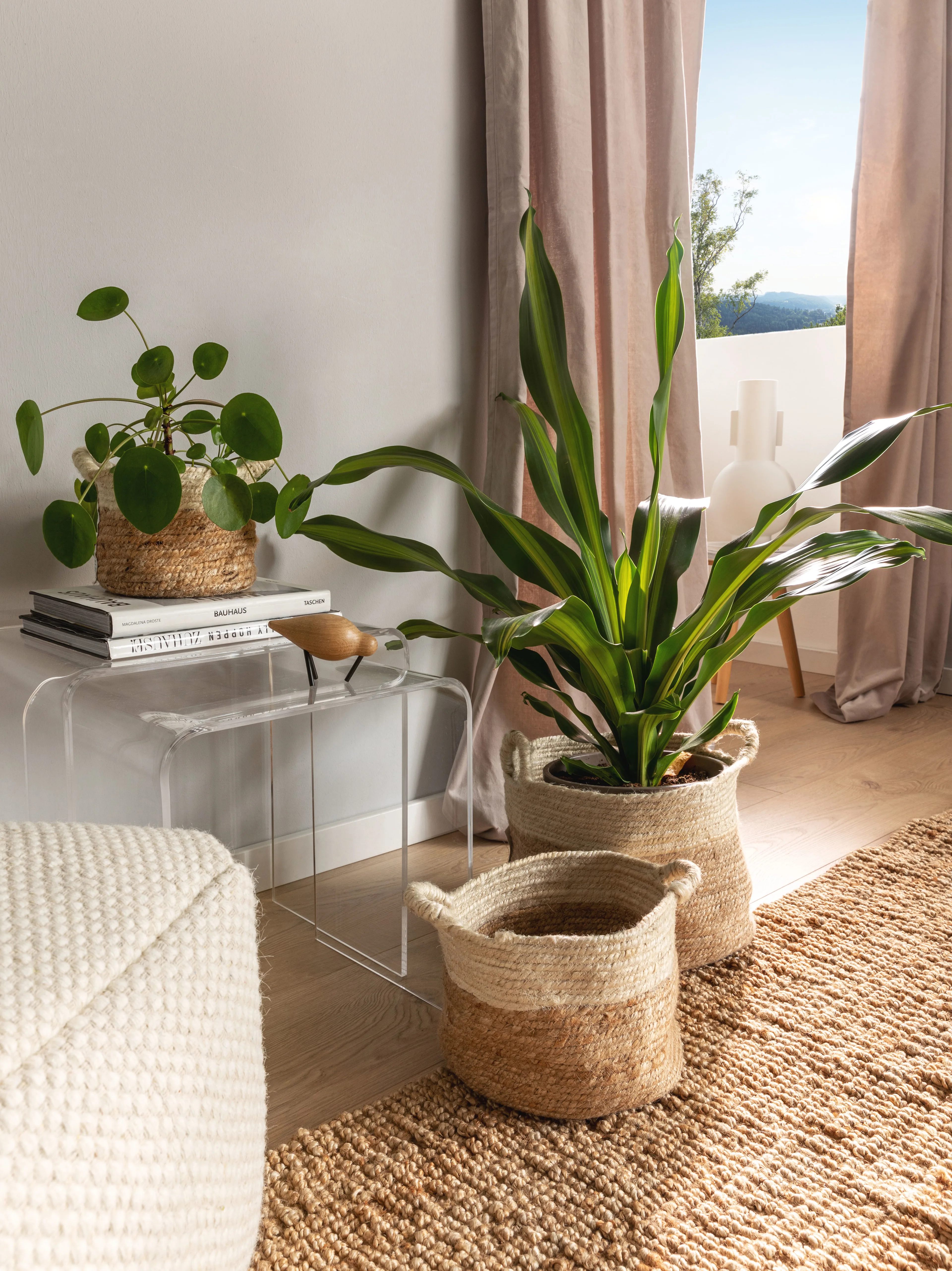 Drei Dekokörbe aus Hanf, in denen grüne Pflanzen reingestellt wurden für einen frischen und gemütlichen Look im Wohnzimmer