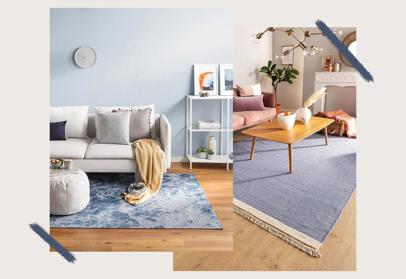 Hellblaue Dekoration in Kombination mit Holzmöbeln als Wohntrend im Wohnzimmer