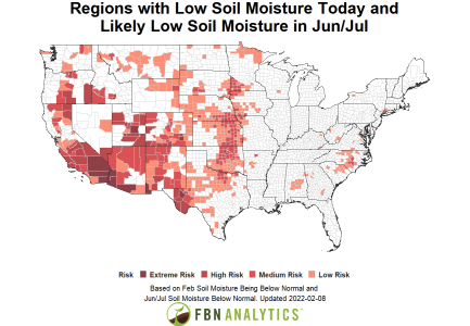 Regions with low soil moisture today and likely low soil moisture in June/July 2022