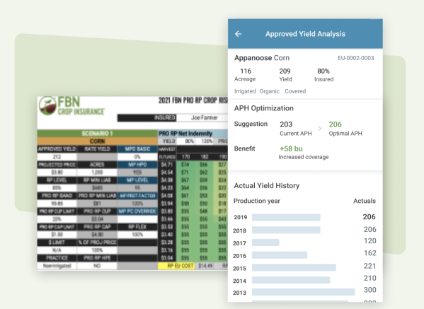 Screenshot of the app showing a crop insurance summary superimposed over a screenshot of a table showing a crop insurance quote breakdown