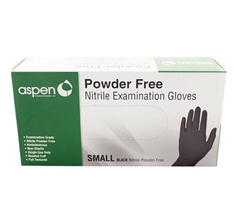 Aspen Nitrile Exam Gloves, Powder-Free, Black, Small