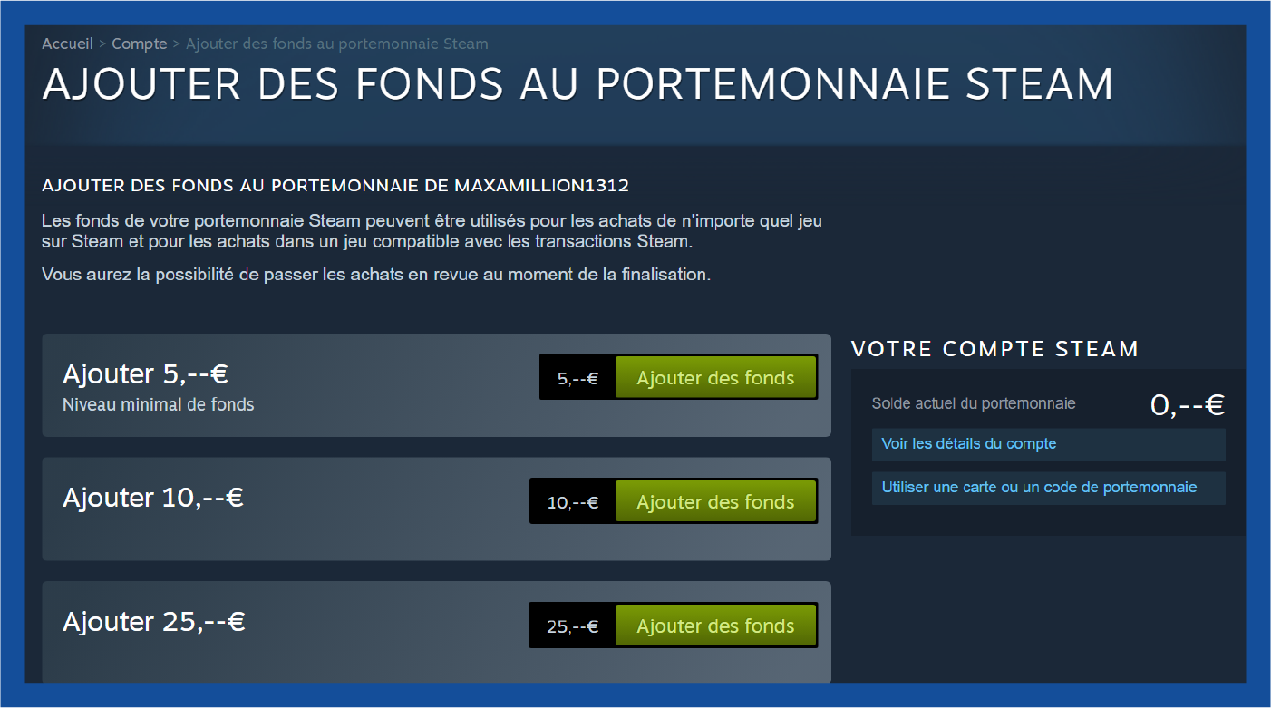 Ajouter des fonds au portemonnaie steam