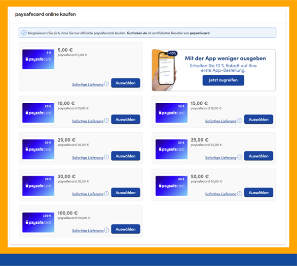 paysafecard denomination pages