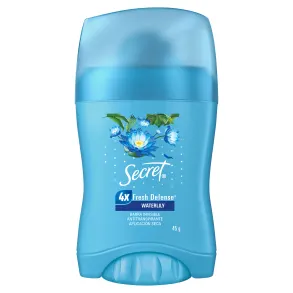 Imagen frontal de barra invisible antitranspirante Waterlily de Secret con tecnología 4X Fresh Defense que ofrece una aplicación seca 45 g.