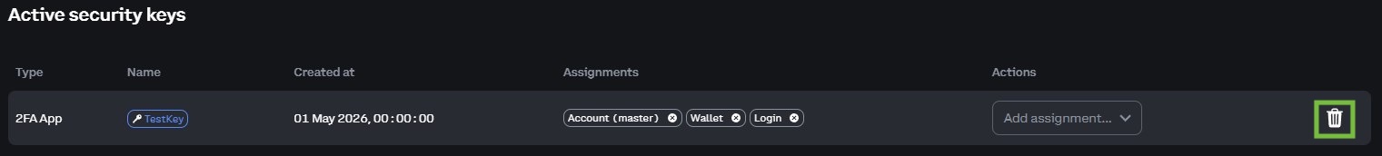 Under ‘Active security keys’, there is a small trash can icon to remove a security key that is currently applied to your