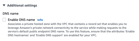 In order to connect to the Endpoint using custom private DNS (explained further), make sure default private DNS is not e