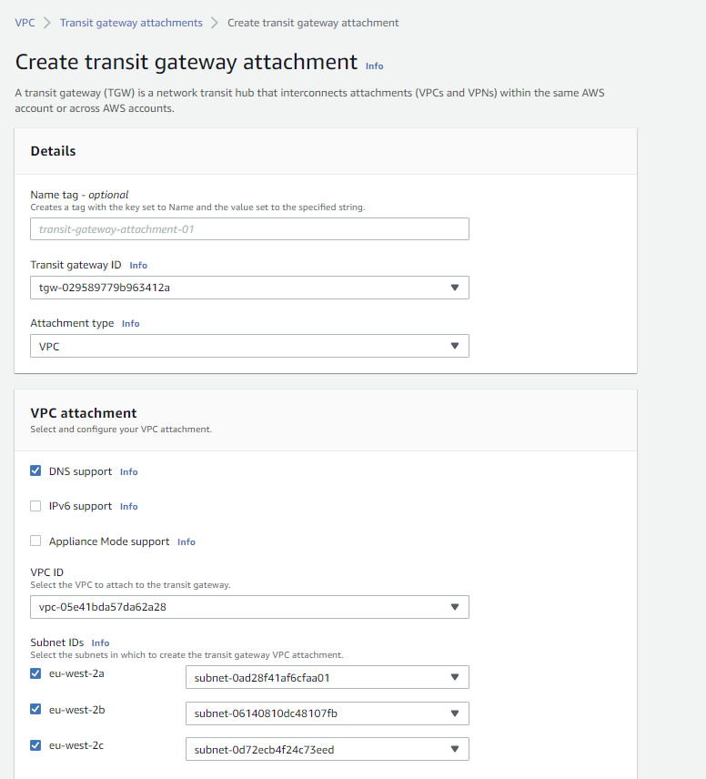 Create a Transit gateway attachment to the shared transit gateway and attach the subnets in your own VPC where you want