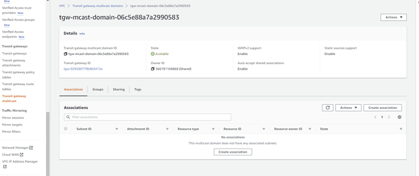 Go to the Transit gateway multicast in the VPC dashboard, select tab: Associations and Click Create association.