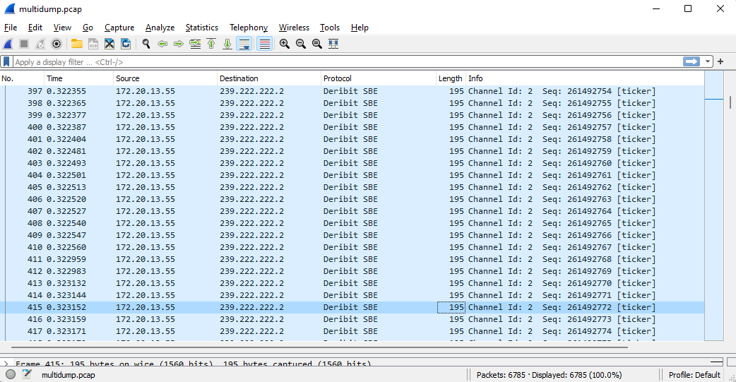 When opened in Wireshark with the plugin enabled the Protocol should show: Deribit SBE as shown below