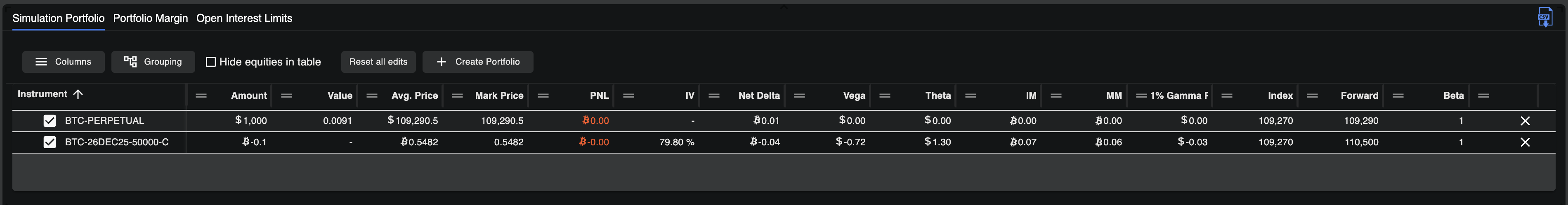 Analyse Portfolio: Position Builder calculates the combined portfolio summary including Greeks (Delta, Gamma, Vega, Thet