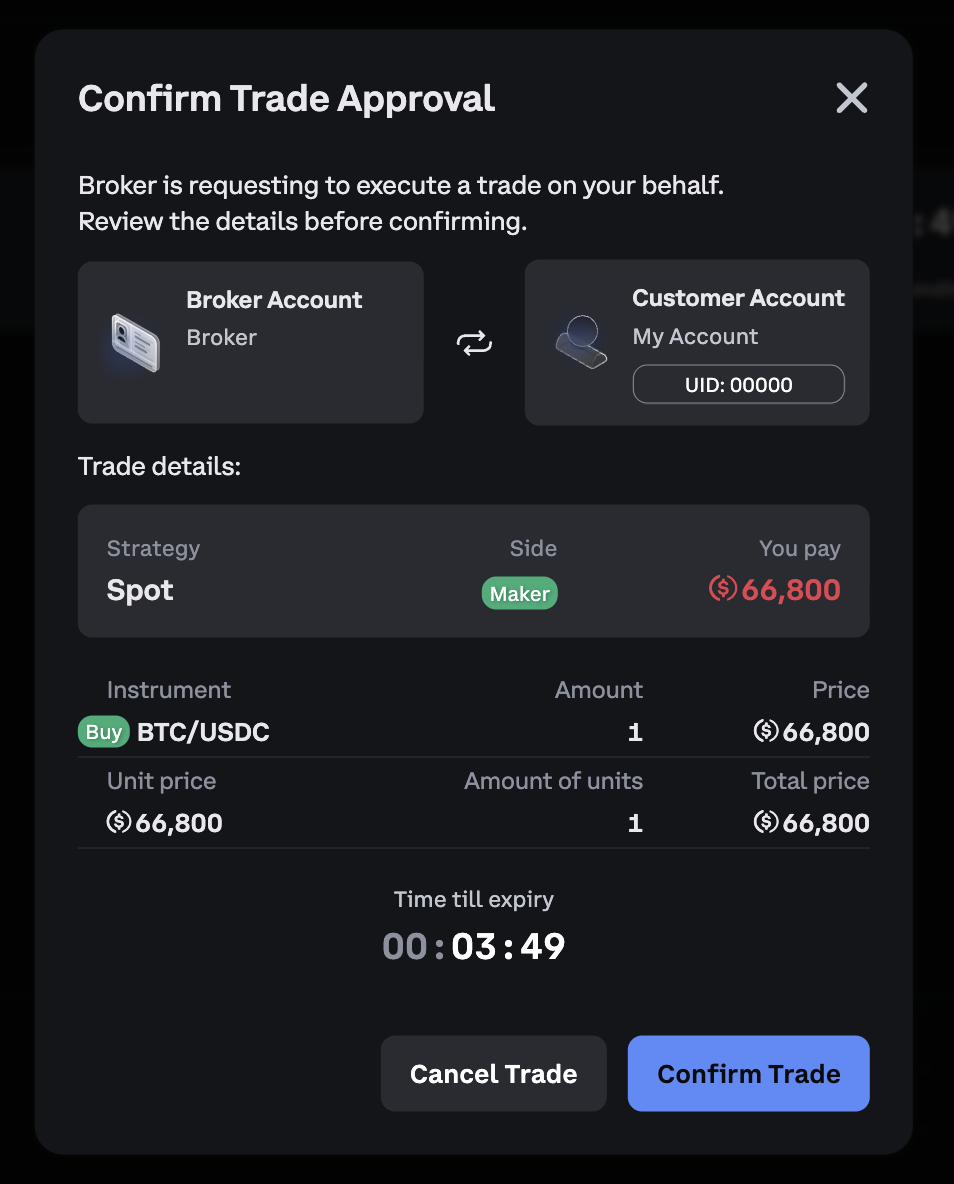If a client chose Manually Confirm, the trade enters a pending state, and the client must manually approve it in their UI.