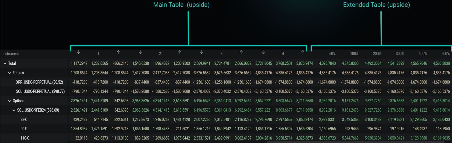 The portfolio margin risk matrix includes the main table in the centre, and an extended table to the downside (left) and