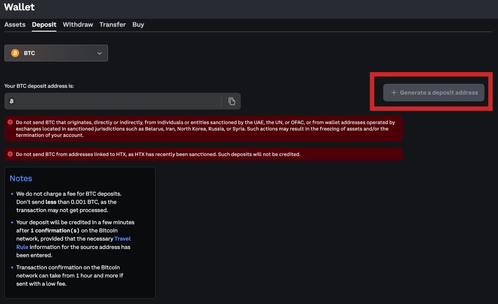 Deribit Deposit tab with Generate a deposit address highlighted