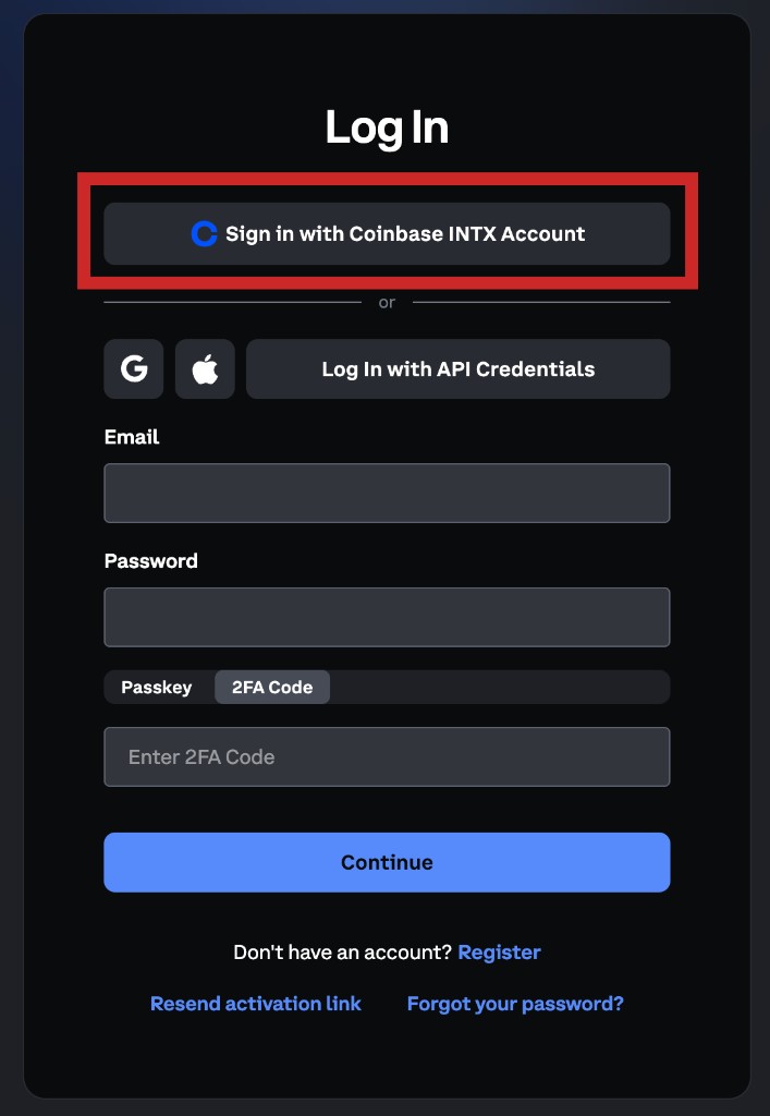 Deribit log in page with Sign in with Coinbase INTX Account highlighted