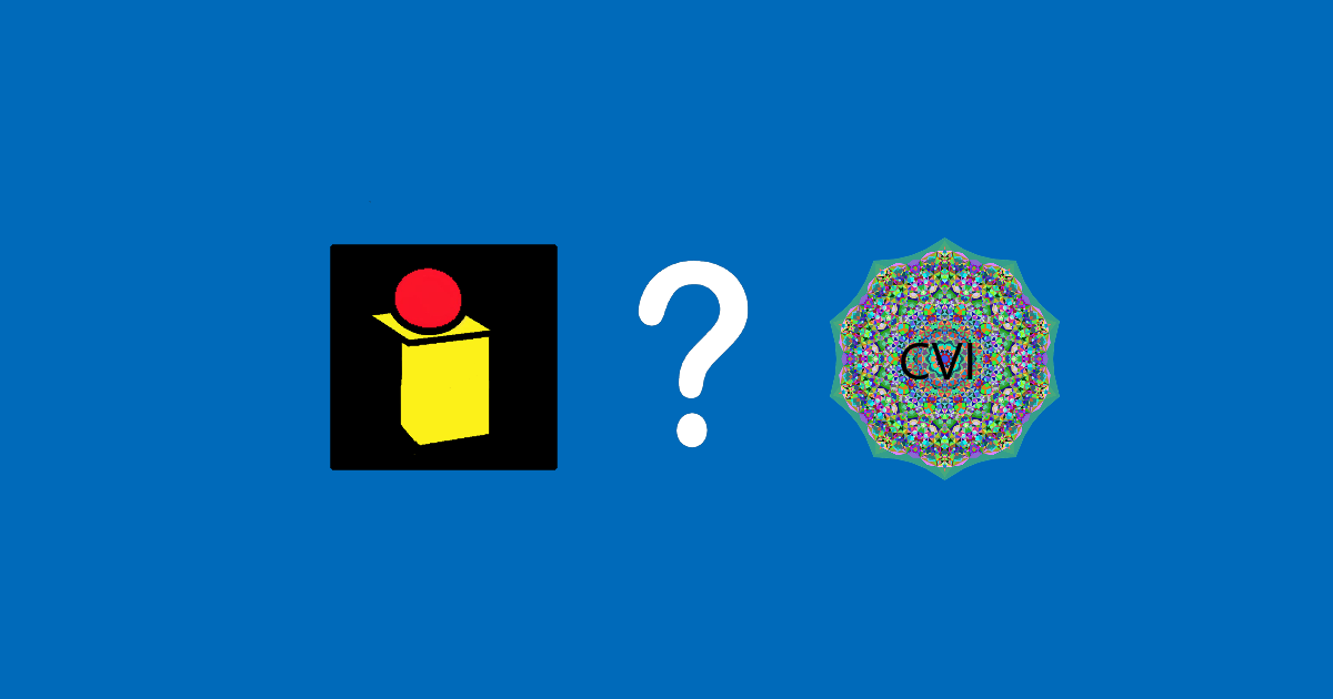 AI symbol for on with red ball on a yellow box and a question mark with a kaleidescope with CVI letters