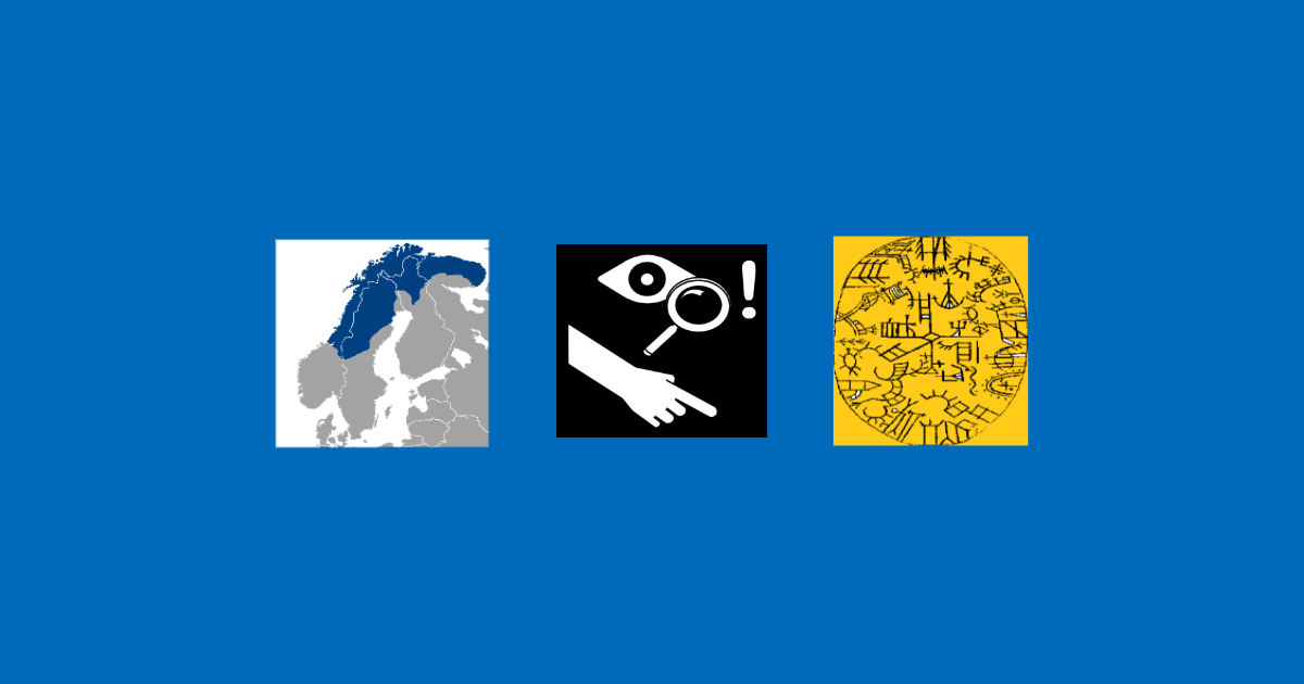 map of sami areas with a symbol for finding and a sami drum with symbols 