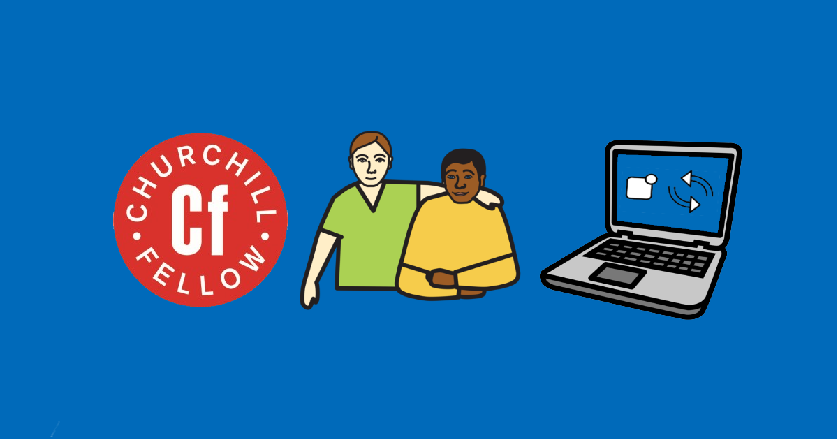 Churchill Fellowship logo beside carer and AAC user plus laptop