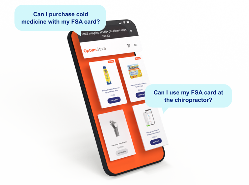 Speech bubbles containing the common questions: "Can I purchase cold medicine with my FSA card?" and "Can I use my FSA card at the chiropractor?".