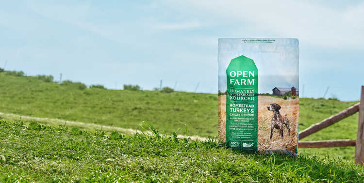 Close up of Homestead Turkey & Chicken Dry Dog Food photographed in lush farm pasture | Desktop