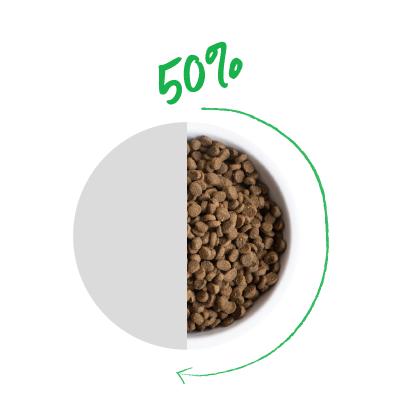 dry kibble in white bowl photographed from above with 50% old pet food & 50% Open Farm food icon