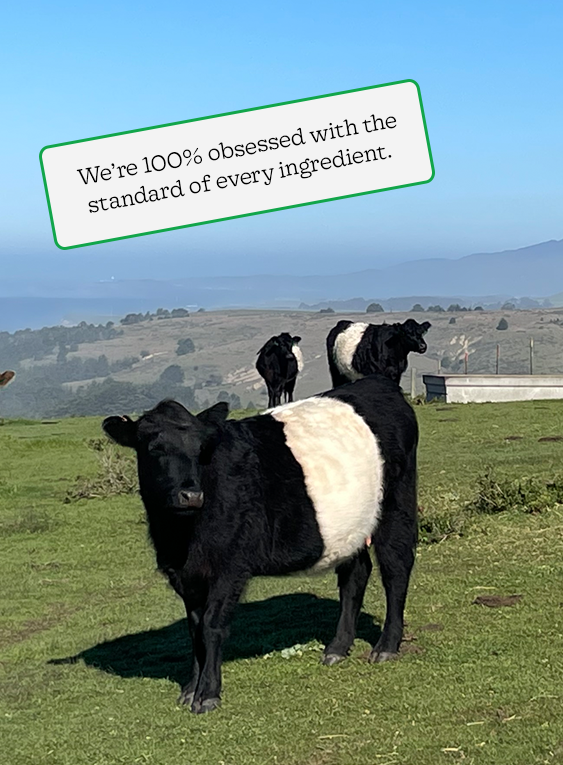 Cows roaming freely in a field with the caption "We're 100% obsessed with the standard of every ingredient"